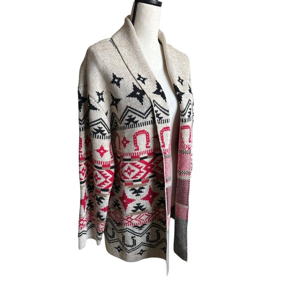 NWT Lucky Brand Tan Red Horseshoe Western Cardigan Sweater Open Front Size XL - Picture 3 of 10